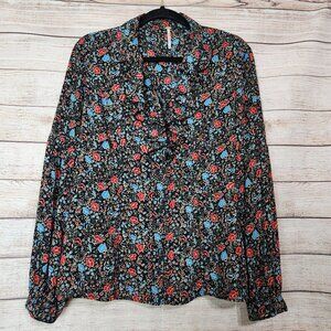 Free People Top Floral Boho Cottagecore Silky Ruffled Poet Button Shirt Blouse M